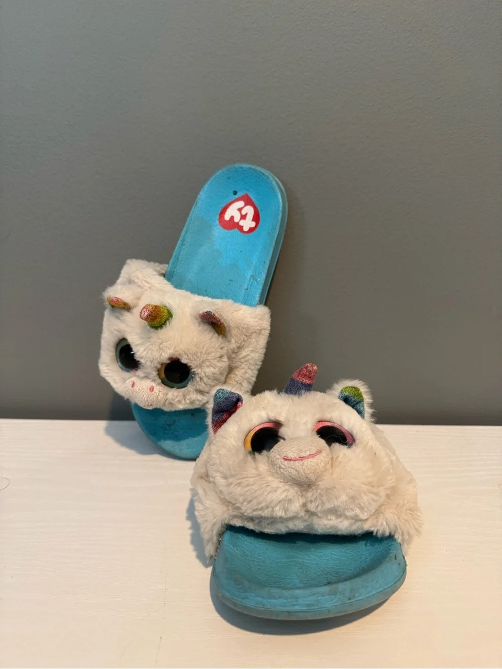 Ty Plush Unicorn Slide Sandals - Blue and White with Rainbow Horns